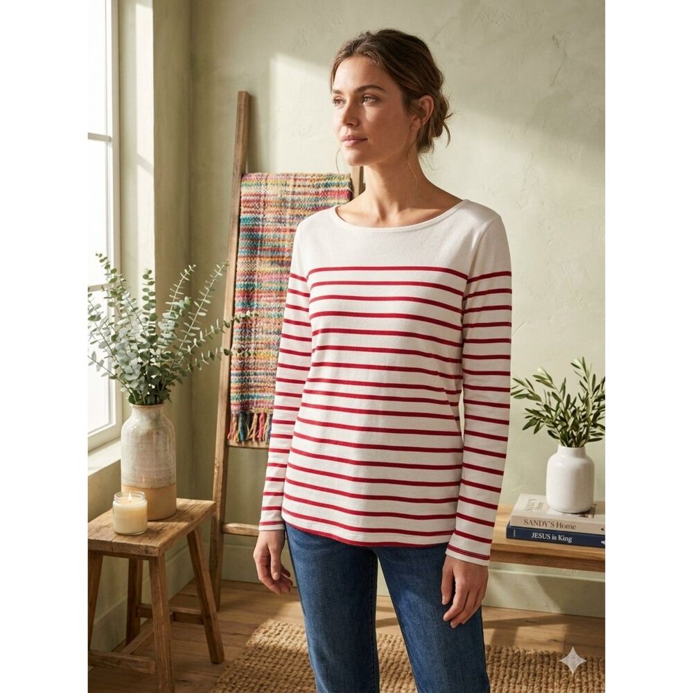 Talbots Bateau Neck Tee Womens XL White Red Stripe Long Sleeve Cotton NWOT